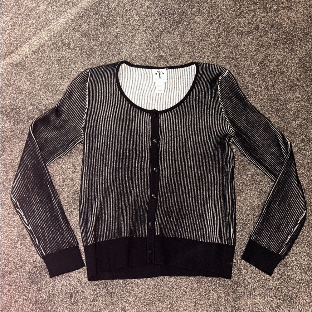 Rain + Rose Black and Tan Striped Button Up Scoop Neck Cardigan